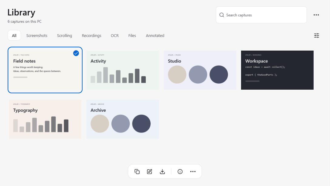 The Octadock Library: six captures in a grid with filters, search and a floating selection toolbar