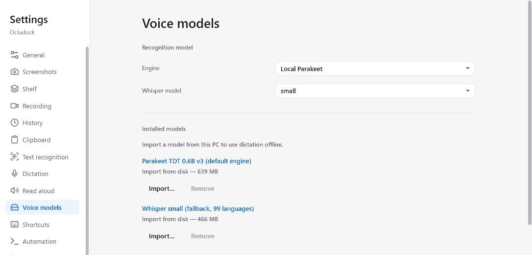 Octadock Settings, Voice models: engine set to Local Parakeet, models imported from disk
